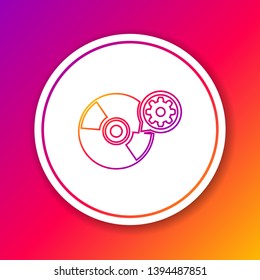 Color CD or DVD disk and gear line icon isolated on color background. Adjusting app, service concept, setting options, maintenance, repair, fixing. Circle white button. Vector Illustration