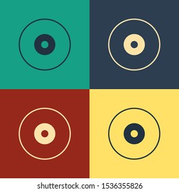 Color CD or DVD disk icon isolated on color background. Compact disc sign. Vintage style drawing. Vector Illustration