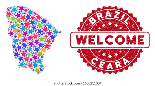Color Ceara state map mosaic of stars, and scratched round red WELCOME stamp. Abstract territorial scheme in bright shades. Vector Ceara state map is designed of bright stars. Designed for political,