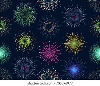 Color Celebration Fireworks Background Pattern on Dark for Party and Holiday Event Explode Effect. Vector illustration