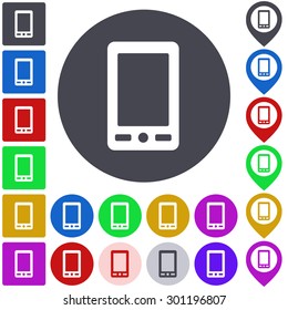 Color cellphone icon, button, symbol set. Square, circle and pin versions.
