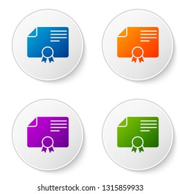 Color Certificate template icon isolated on white background. Degree icon. Achievement, award, grant, diploma concepts. Business success certificate. Color icon in circle buttons. Vector Illustration