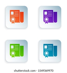 Color Certificate template icon isolated on white background. Achievement, award, degree, grant, diploma. Business success certificate. Set icons in colorful square buttons. Vector Illustration