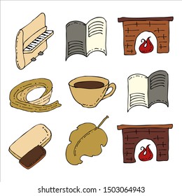 Color cet. Musical autumn. Piano, fireplace and music book. Warm scarf and a mug with cookies.
