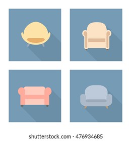 Color chair flat icon with long shadow for design. Autumn set. Vector illustration.
