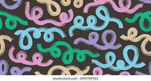 Color chalk, brush strokes vector seamless pattern. Hand drawn childish bold curvy, curly geometric lines, strokes.