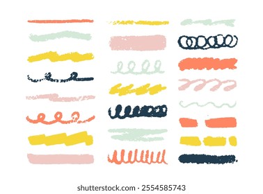 Color chalk color doodle lines. Big set, handwriting brush strokes, crayon pencil underlines. Sketch Charcoal straight horizontal lines. Scribble bright vector strokes. Grunge smears, thick dividers