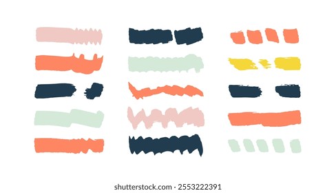 Color chalk color doodle lines, handwriting brush strokes, crayon pencil underlines. Sketch Charcoal straight horizontal lines. Scribble bright vector strokes. Grunge smears, thick dividers. Kids