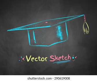 Color Chalk Drawn Vector Illustration Of Mortarboard On School Blackboard Background.