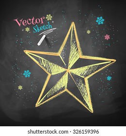 Color chalk vector sketch of Christmas star on black chalkboard background. 
