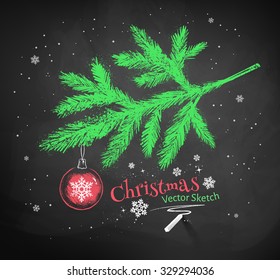Color chalk vector sketch of Christmas tree fir branch decorated with red ball on black chalkboard background. 