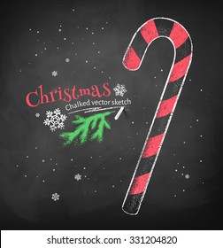 Color Chalk Vector Sketch Of Christmas Candy Cane On Black Chalkboard Background. 