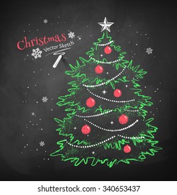 Color chalk vector sketch of Christmas tree decorated with balls, garlands and star on black chalkboard background. 