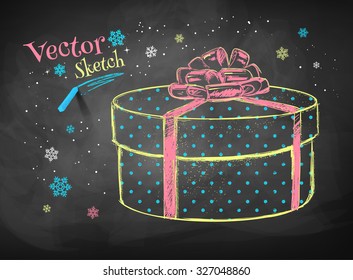 Color chalk vector sketch of gift box on black chalkboard background. 
