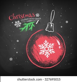 Color Chalk Vector Sketch Of Red Christmas Ball With Snowflake On Black Chalkboard Background. 