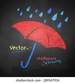 Color chalked vector illustration of rain drops and red umbrella.