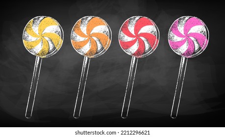 Color chalked vector sketches set of mint lollipop on black chalkboard background. 