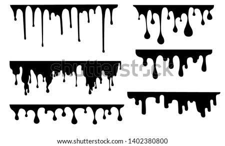 Color changeable liquid paint dripping. Oil stain. Waste pollution sign, symbol. Black ink streak, fluid smudge. Horror bloodshot spot, bruise, fuel seep. Vector illustration, transparent background