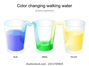 El color cambia el agua para caminar. Experimento científico con tres vasos. Afiche del vector. magia y ciencia para los niños.