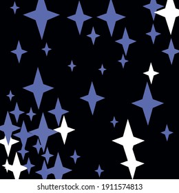 Color Chaotic Sky Holiday Magic Santa Composition. Dark Night Black New Year Mystery Background. Four-pointed Indigo Stars White Winter Illustration. Retro Snow Christmas Blue Print Pattern.