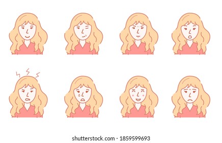 Color Character Person Female and Womans Emotions Concept Contour Linear Style Include of Flirting and Crying. Vector illustration
