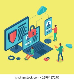 Color Characters People and Protect Data Concept 3d Isometric View Style. Vector illustration of Security Technology for Business Information