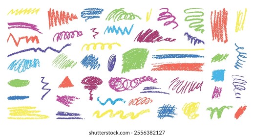 Color charcoal pencil abstract lines. Children style drawing elements, chalk curly doodles, squiggles, line. Grunge crayon various scribbles, neoteric vector set