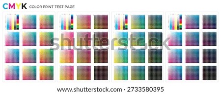 Color chart CMYK. Test page. CMYK process printing match. Cyan, magenta, yellow, black. Press table palette, color management, quality control in print production, prepress to choose color samples