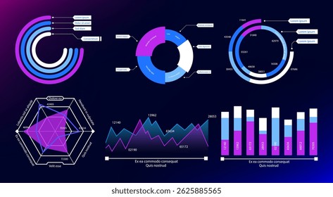 Color chart set featuring donut charts, line graphs, and bar charts. Perfect for business reports, technology dashboards, data analysis, infographics, and modern presentations. Vector illustration.