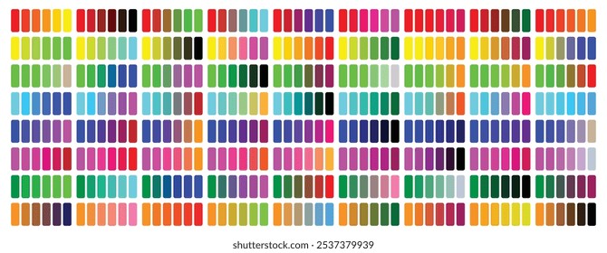 Paleta de cores. Gráfico de cores. Imprima a página de teste. Códigos de cores. RGB, HTML HEX. Cor do vetor. Códigos HTML RGB, CMYK, Pantone, HEX. Fundo colorido com mais de 100 cores.