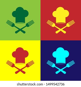 Color Chef hat and crossed fork icon isolated on color background. Cooking symbol. Restaurant menu. Cooks hat.  Vector Illustration