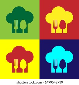 Color Chef hat with fork and spoon icon isolated on color background. Cooking symbol. Restaurant menu. Cooks hat.  Vector Illustration