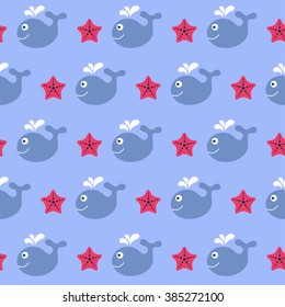 color childish cartoon seamless pattern with whales and starfish