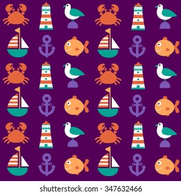 color childish vector nautical seamless pattern with lighthouse 
