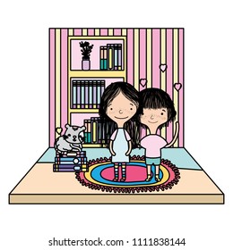 color children with books organized in the bookcase and cat