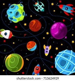 Color children pattern with cute planets, rockets and stars. Vector illustration