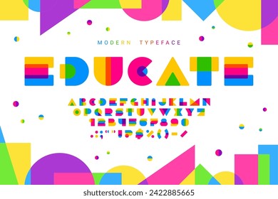 Farbkinder formen Schriftart, geometrische Schrift, abstrakte moderne Schrift, englisches Alphabet. Vektorgrafik für Kindererziehung, spielerische Großbuchstaben, Zahlen und typografische Symbole aus bunten Blöcken