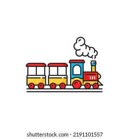 Color Children Train For Walks In Amusement Park Isolated Icon. Vector Toy Wagon With Smoke, Cartoon Railroad With Locomotive. Kids Train For Works In Theme Entertainment Park, Funfair Attraction