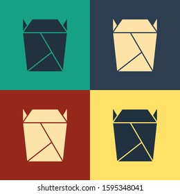 Color Chinese restaurant opened take out box filled icon isolated on color background. Take away food. Vintage style drawing. Vector Illustration