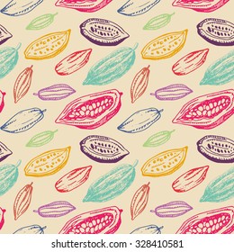 Color Chocolate Cacao Pattern: Bean, Cocoa, Seed. Design Box And Packing For Restaurant, Shop, Confectionery, Culinary, Cafe, Cafeteria, Bar. Retro, Vintage Style.