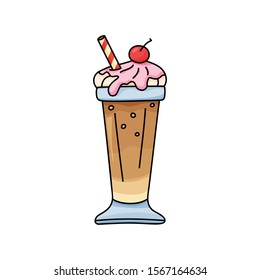 Color chocolate cocktail icon. Glass milkshake with whipped cream, syrup and cherry. Hand drawn cartoon illustration. Isolated vector sign in doodle style on white background