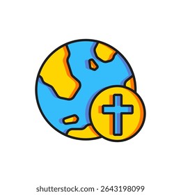 Color Christian cross with globe Earth icon isolated on white background. World religion day. Flat filled outline style with shadow. Vector
