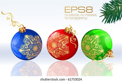 Balões de Natal coloridos decorados com flocos de neve dourados. Vetor.