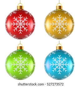 Color Christmas decoration with snowflake shape spattering on surface vector template. Colorful balls isolated on white background.