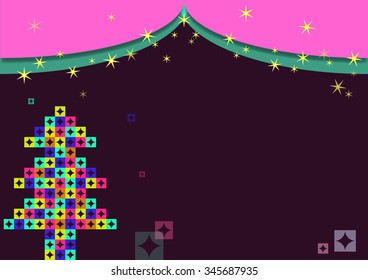 Color christmas fur tree on the black theater curtain background