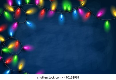 Color Christmas Garland Of Lights On Blue Background. Vector Illustration.