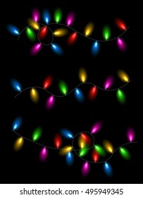Color Christmas garland of lights on black background. Vector illustration.