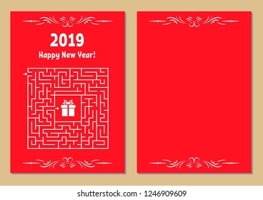 Color Christmas greeting card with a square maze. Find the right path to the gift. Game for kids. Puzzle for children. Maze conundrum. Vector illustration. Vintage style