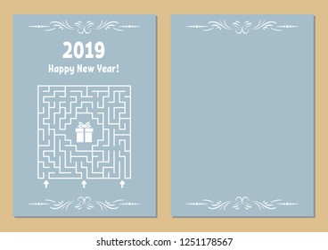 Color Christmas greeting card with a square maze. Find the right path to the gift. Game for kids. Puzzle for children. Maze conundrum. Vector illustration. Vintage style