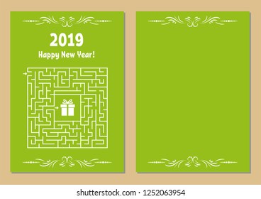 Color Christmas greeting card with a square maze. Find the right path to the gift. Game for kids. Puzzle for children. Maze conundrum. Vector illustration. Vintage style